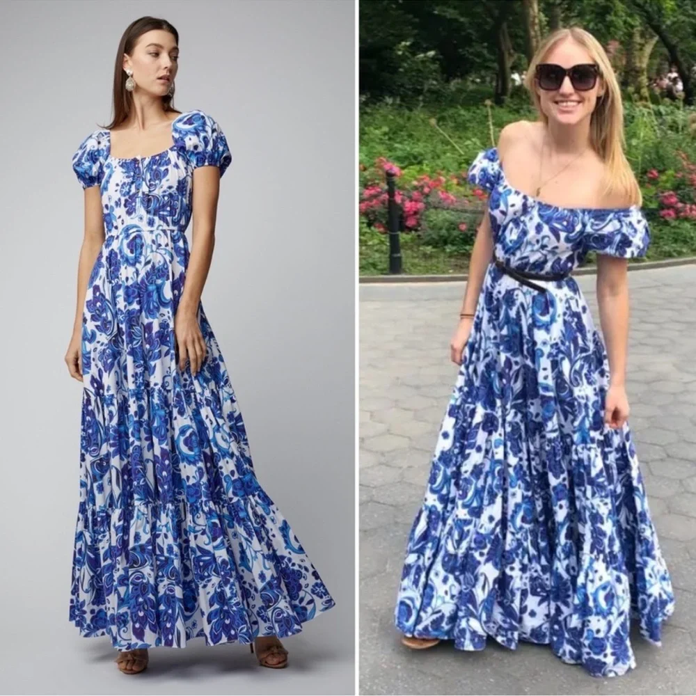 Caroline Constas Bardot Puff Sleeve Maxi Dress Size Medium - Picture 5 of 13